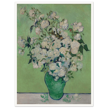 White roses bloom in a green vase against a pale green background with thick brushwork.