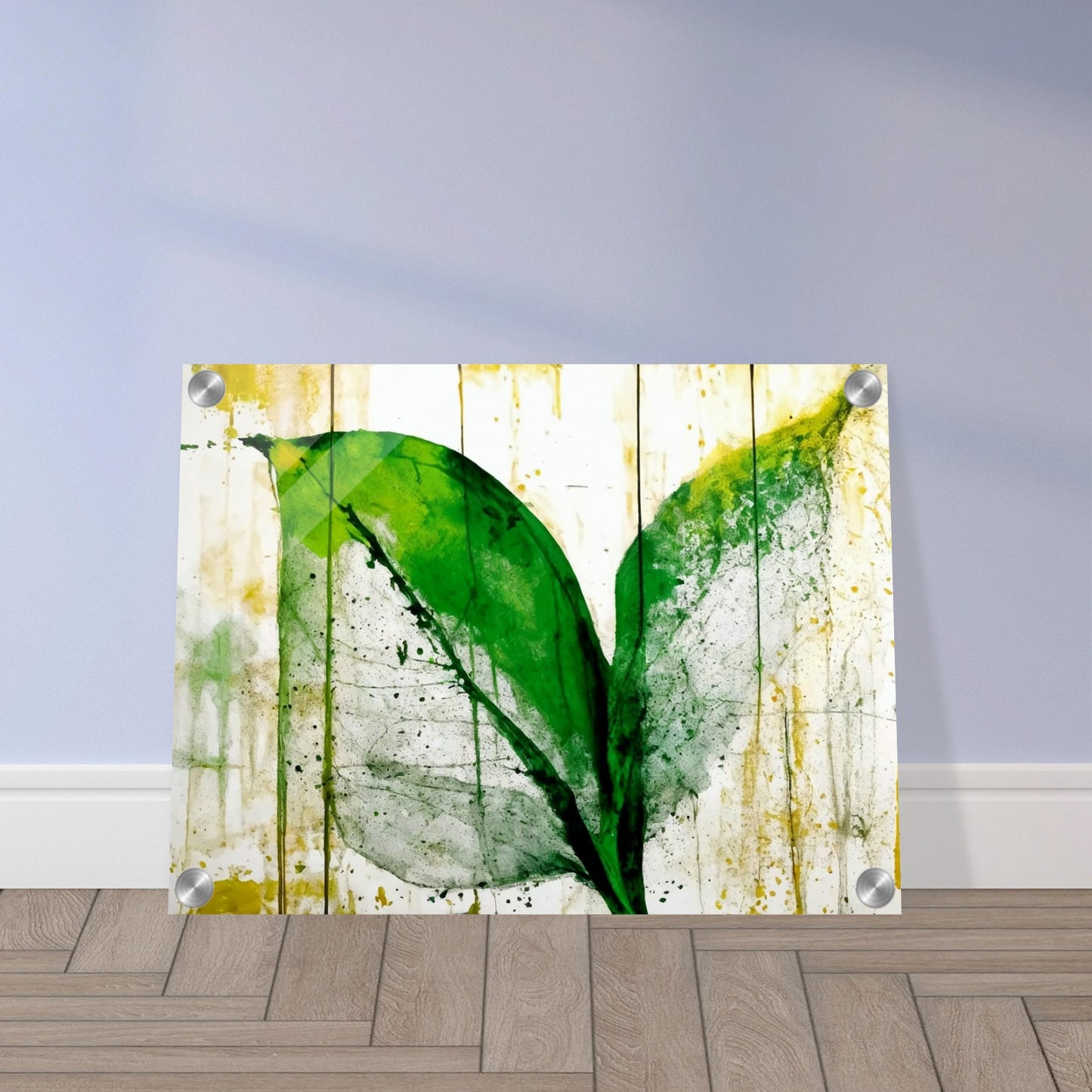 A vibrant green leaf with abstract textures and splashes of yellow on a white background, evoking a fresh and organic feel with artistic brushstrokes.