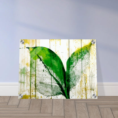 A vibrant green leaf with abstract textures and splashes of yellow on a white background, evoking a fresh and organic feel with artistic brushstrokes.