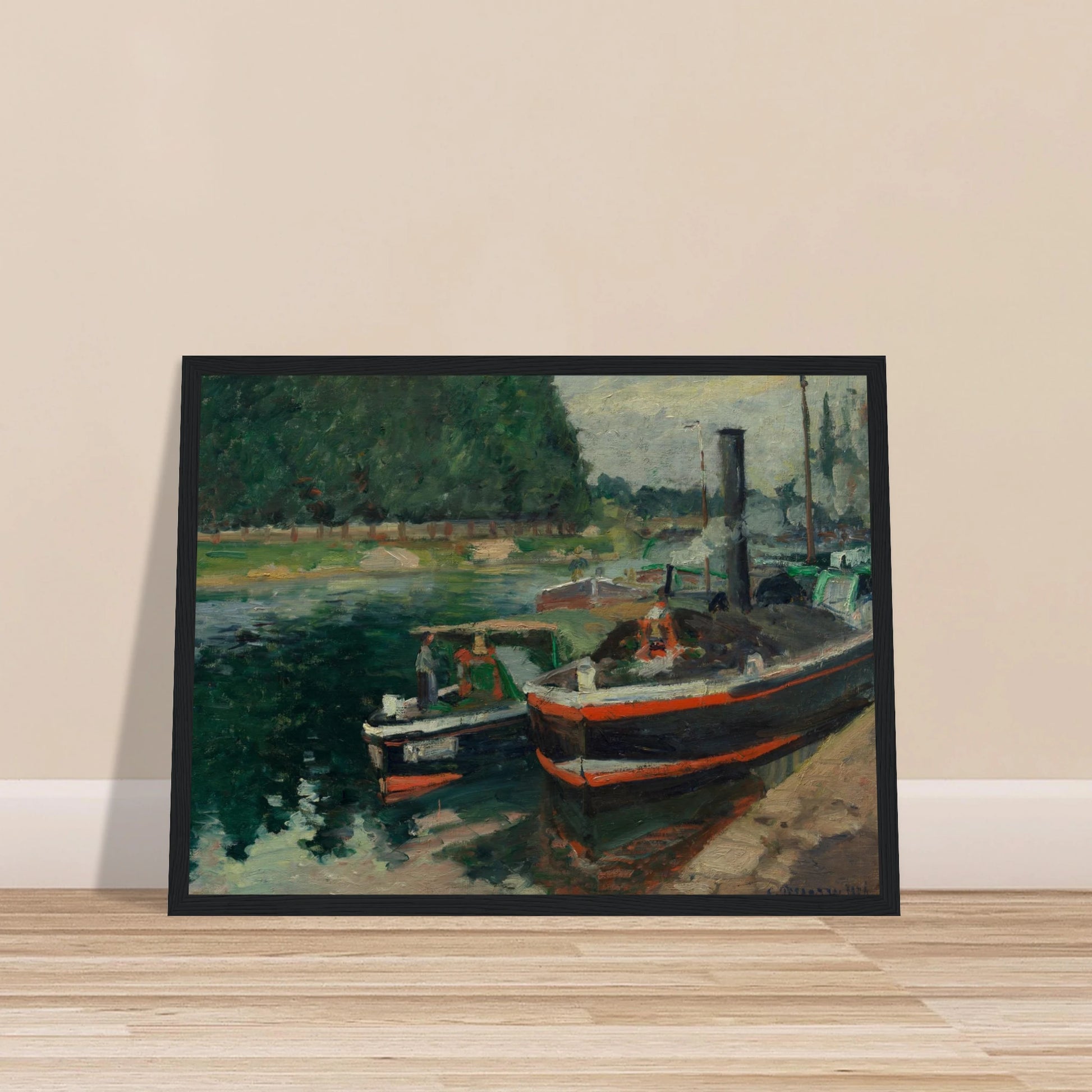 Steamboats dock along the river at Rouen with green trees reflected in the water
