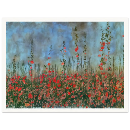 A serene landscape of tall wildflowers with red blooms against a cloudy blue sky, evoking a peaceful and natural atmosphere.