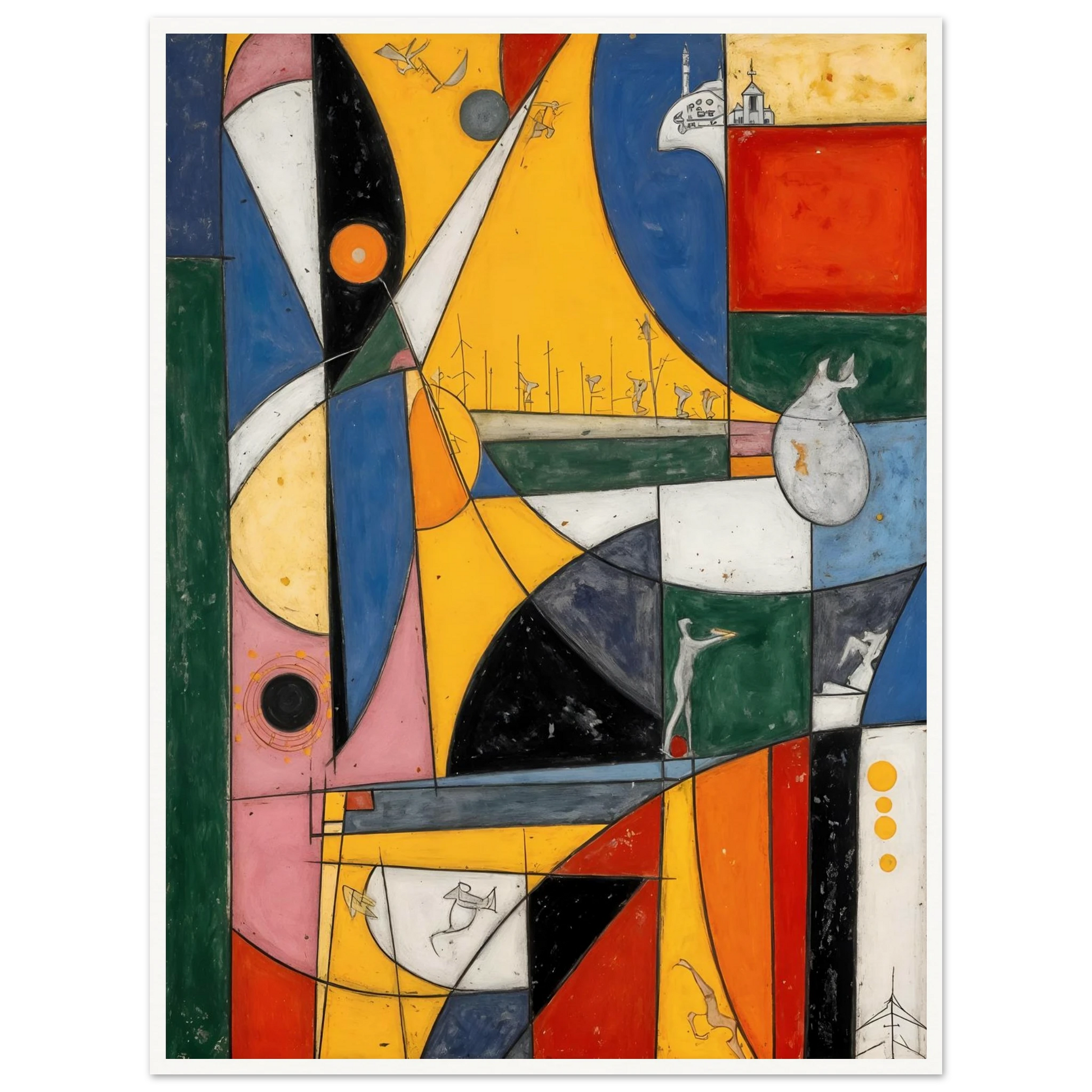A vibrant cubist-style composition of bold yellow, blue, red, and green forms with playful symbols, layered shapes, and whimsical details.