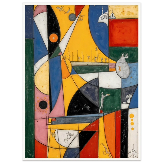 A vibrant cubist-style composition of bold yellow, blue, red, and green forms with playful symbols, layered shapes, and whimsical details.