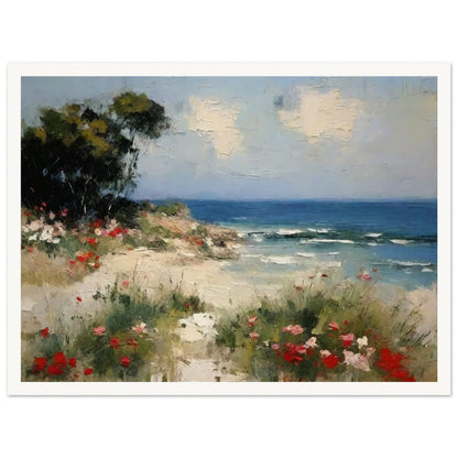 A picturesque painting of a serene beach with vibrant flowers in the foreground and calm ocean waves under a partly cloudy sky.