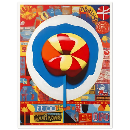 Colorful painting featuring a bold lollipop design at the center surrounded by retro-inspired pop art elements and vibrant patterns.