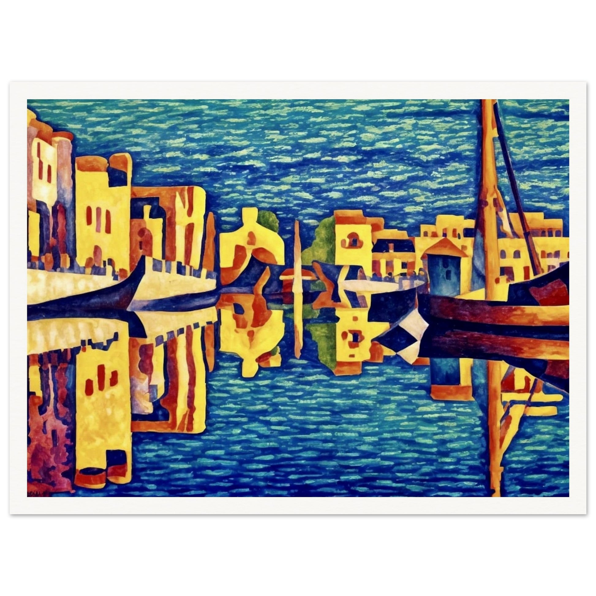 A vibrant depiction of a canal city with golden-hued buildings and gondolas reflecting in deep blue waters, creating a mesmerizing mirrored effect.