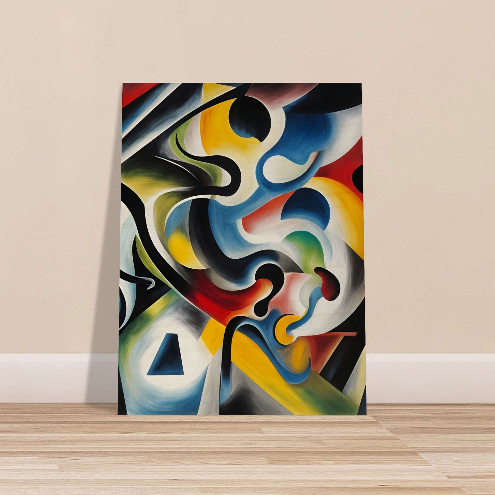 A dynamic composition of swirling colors, bold curves, and geometric shapes creating a fluid, energetic visual movement.