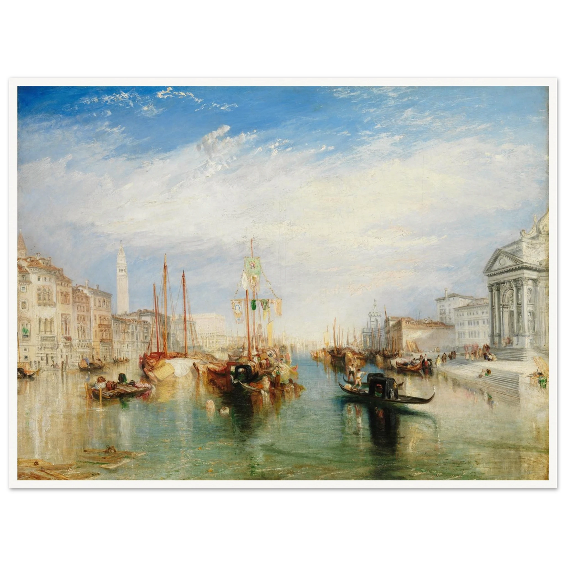 Gondolas and sailing boats fill Venice’s Grand Canal beneath a bright blue sky and luminous clouds.