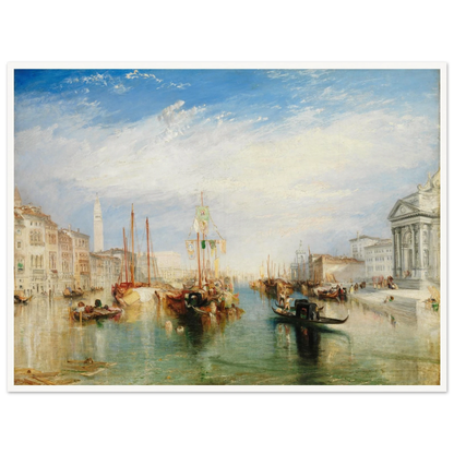 Gondolas and sailing boats fill Venice’s Grand Canal beneath a bright blue sky and luminous clouds.
