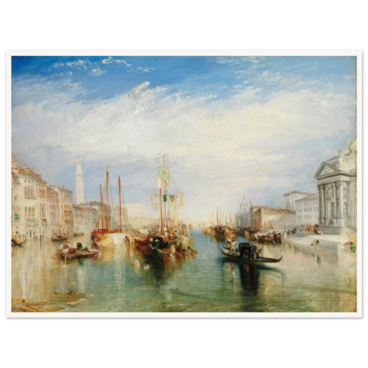 Gondolas and sailing boats fill Venice’s Grand Canal beneath a bright blue sky and luminous clouds.