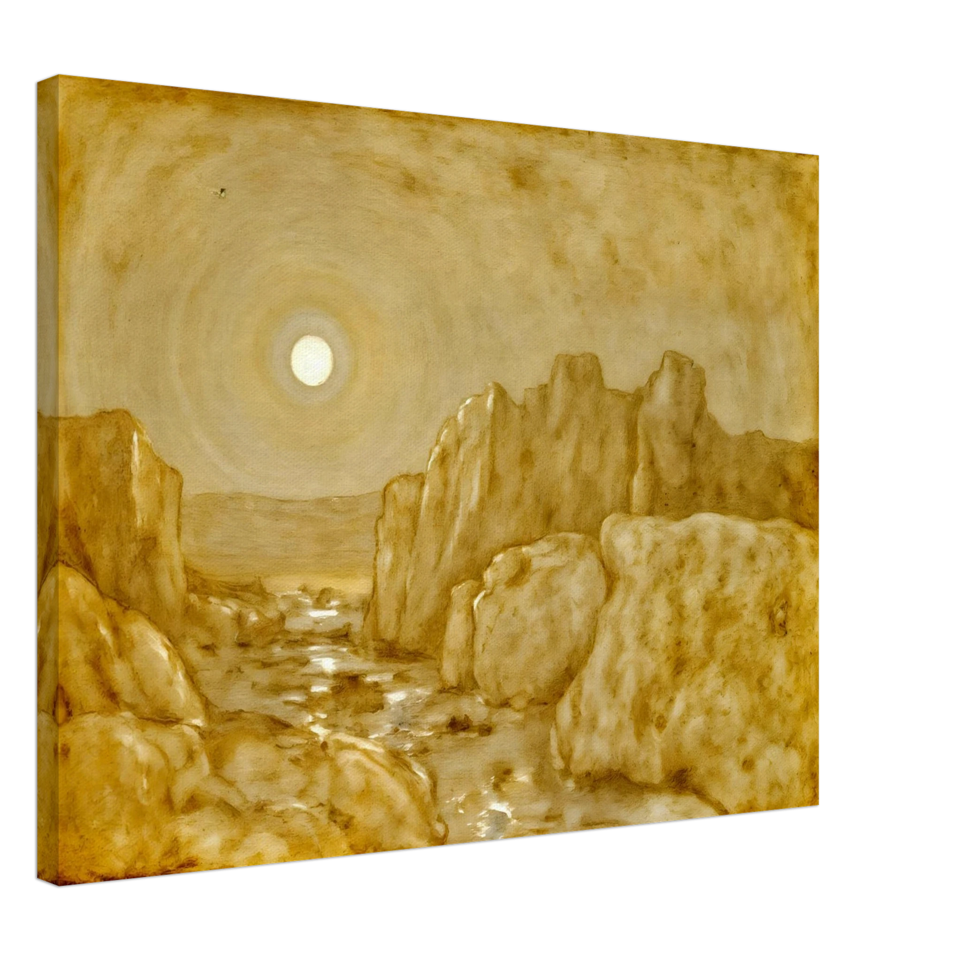 Golden canyon landscape beneath a radiant sun, with weathered stone cliffs and reflective waters glowing in warm sepia tones.