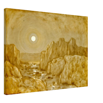 Golden canyon landscape beneath a radiant sun, with weathered stone cliffs and reflective waters glowing in warm sepia tones.