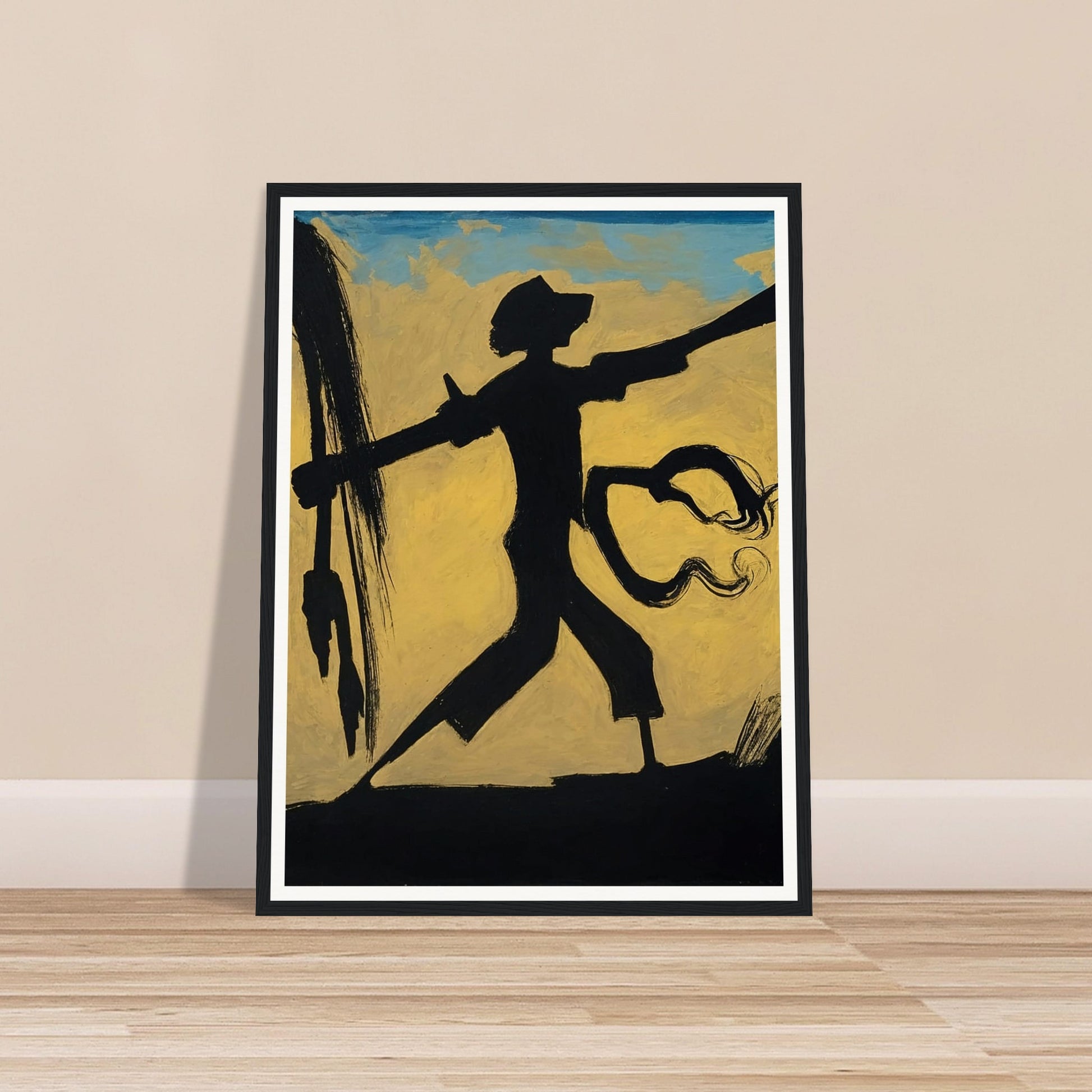 A dynamic silhouette of a warrior holding a spear against a warm, abstract background, capturing movement and strength.