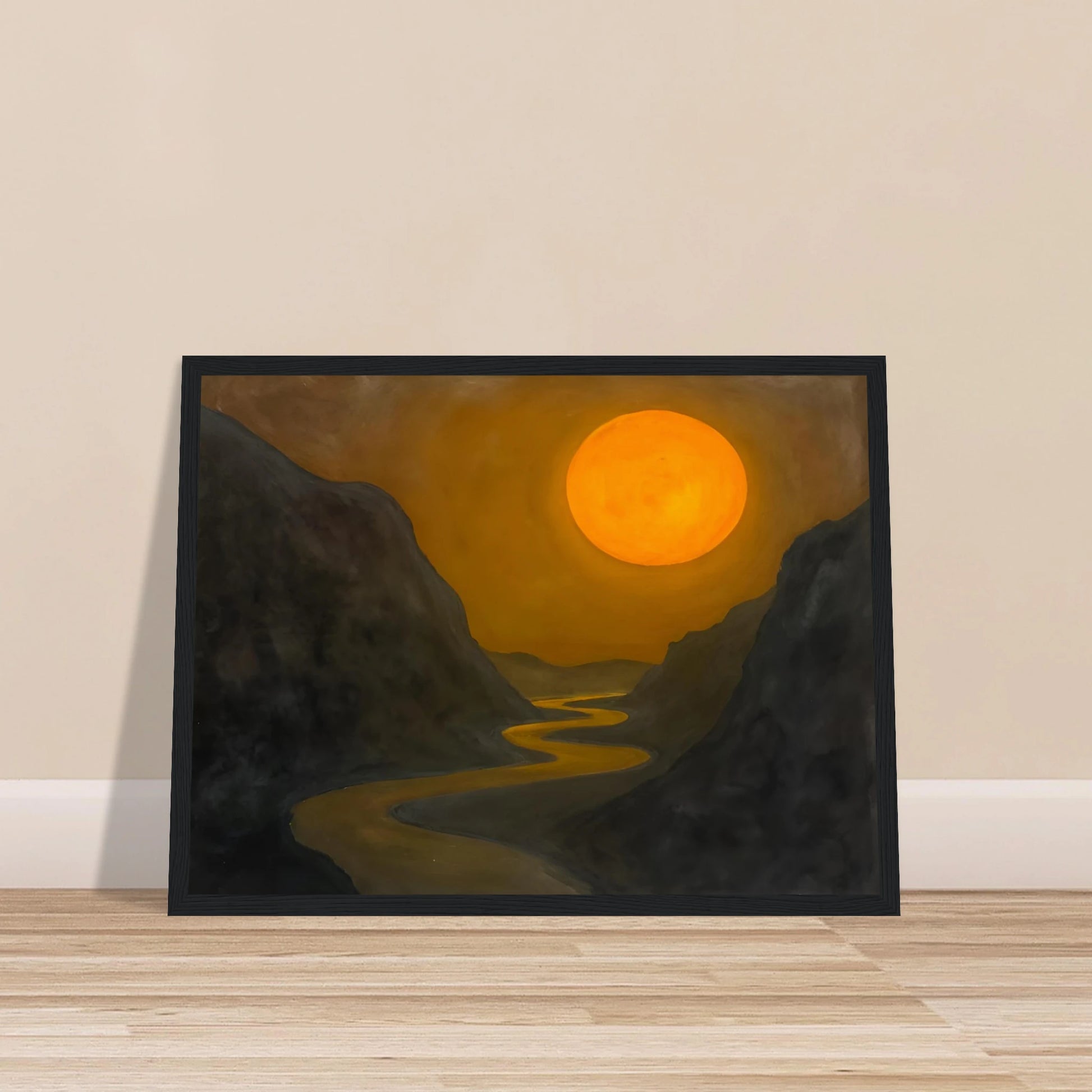 A glowing sun hovers over a winding river cutting through dark mountain valleys in a golden, dusky scene.