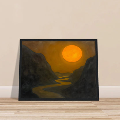 A glowing sun hovers over a winding river cutting through dark mountain valleys in a golden, dusky scene.
