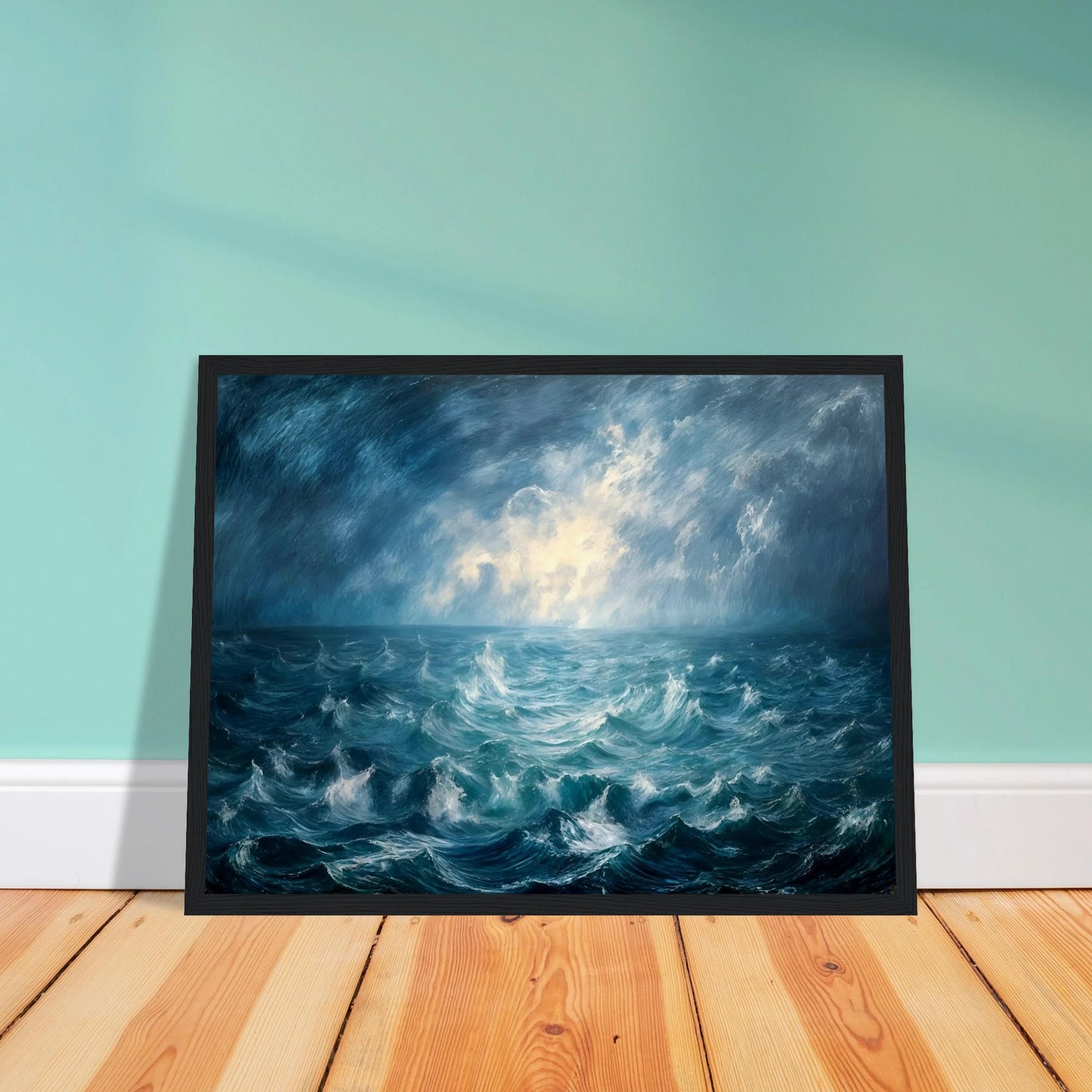 Powerful stormy seascape with churning blue waves beneath dramatic clouds, illuminated by radiant light breaking across the horizon.