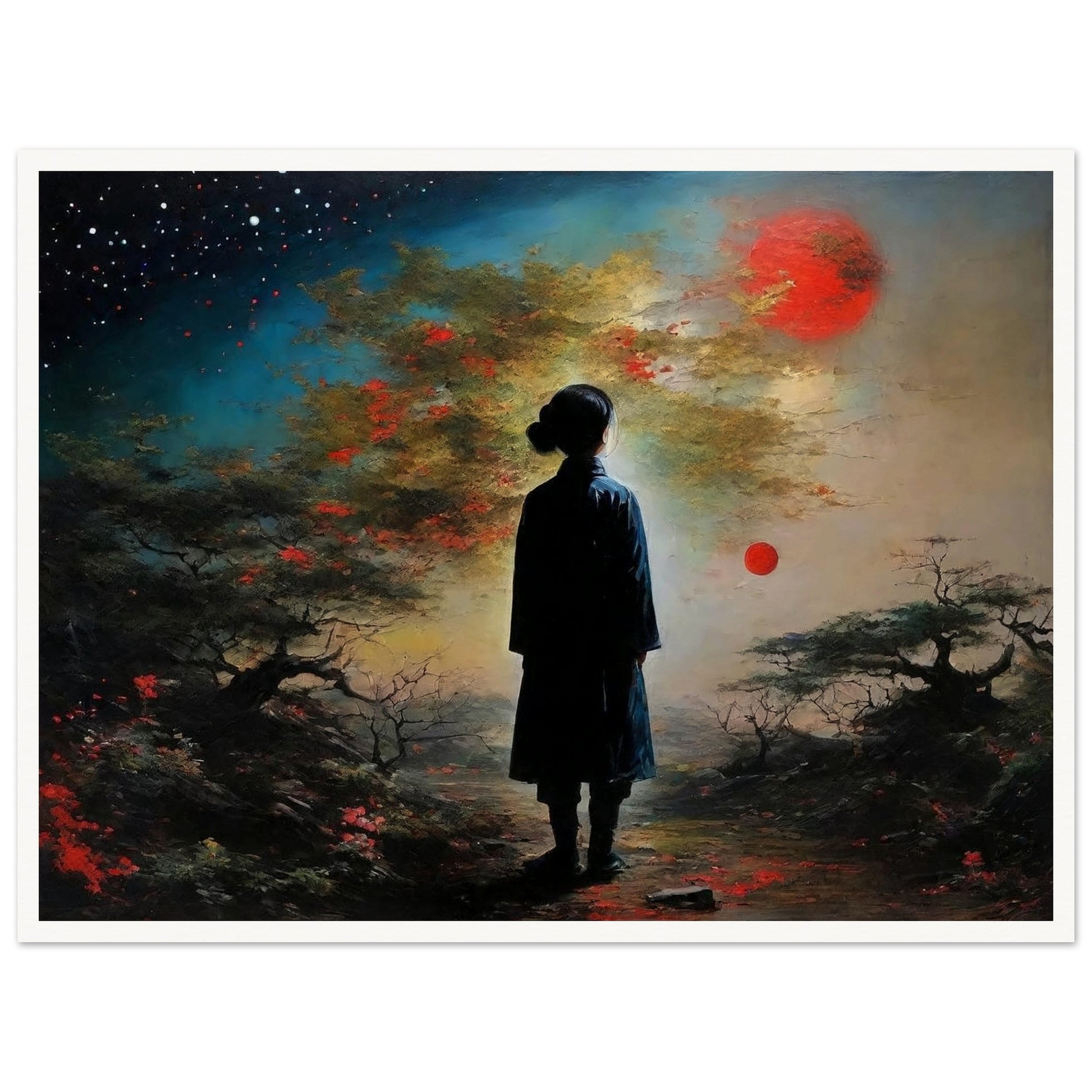 A silhouette of a person stands in a mysterious twilight scene, looking towards a vivid sky with red suns and darkened foliage