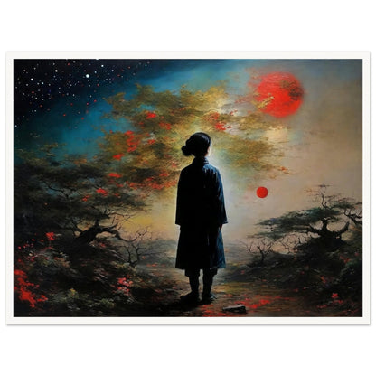 A silhouette of a person stands in a mysterious twilight scene, looking towards a vivid sky with red suns and darkened foliage