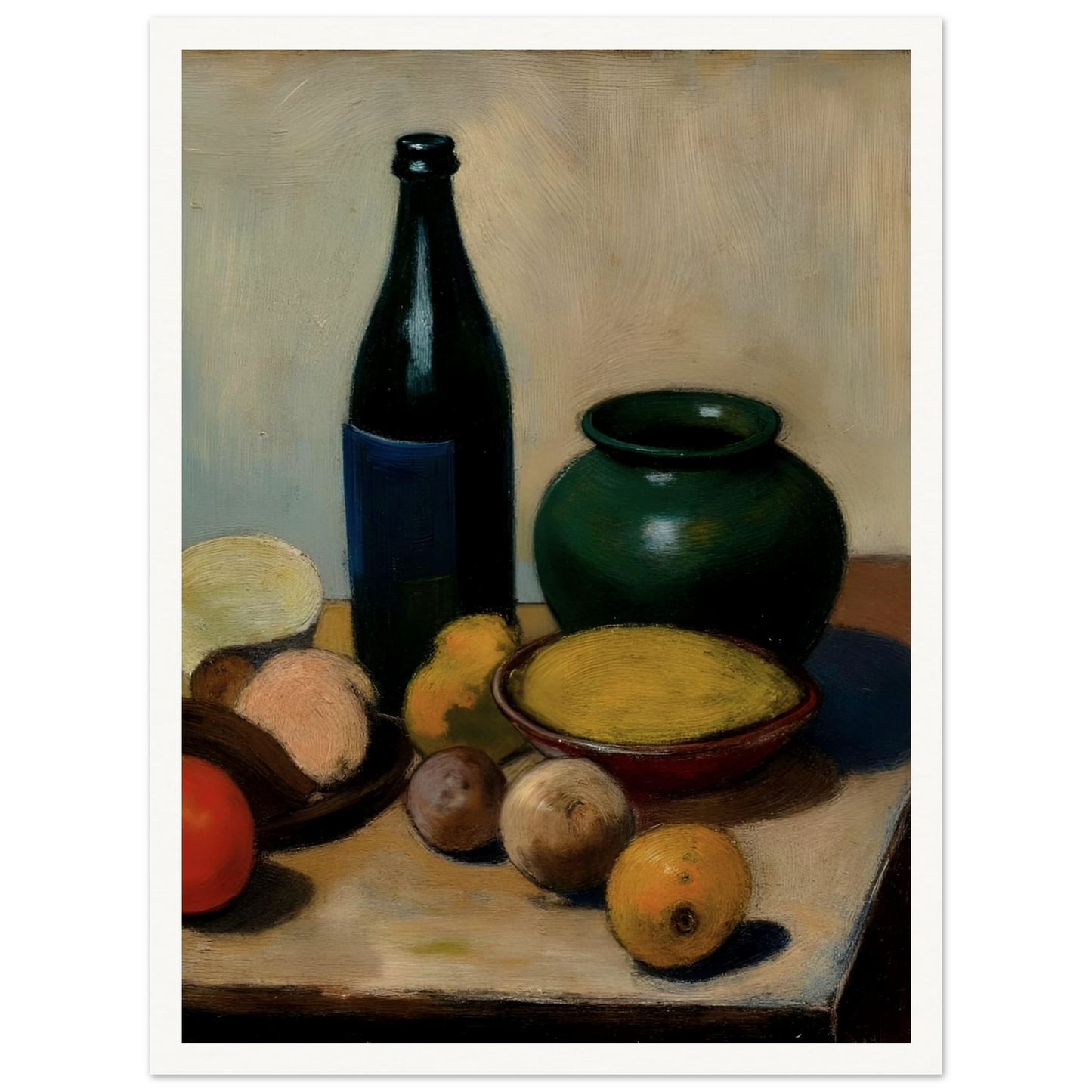 A classic still life painting featuring a dark bottle, a green ceramic vase, a bowl of yellow fruit, and assorted fruits arranged on a tabletop against a soft neutral background.