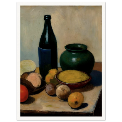 A classic still life painting featuring a dark bottle, a green ceramic vase, a bowl of yellow fruit, and assorted fruits arranged on a tabletop against a soft neutral background.