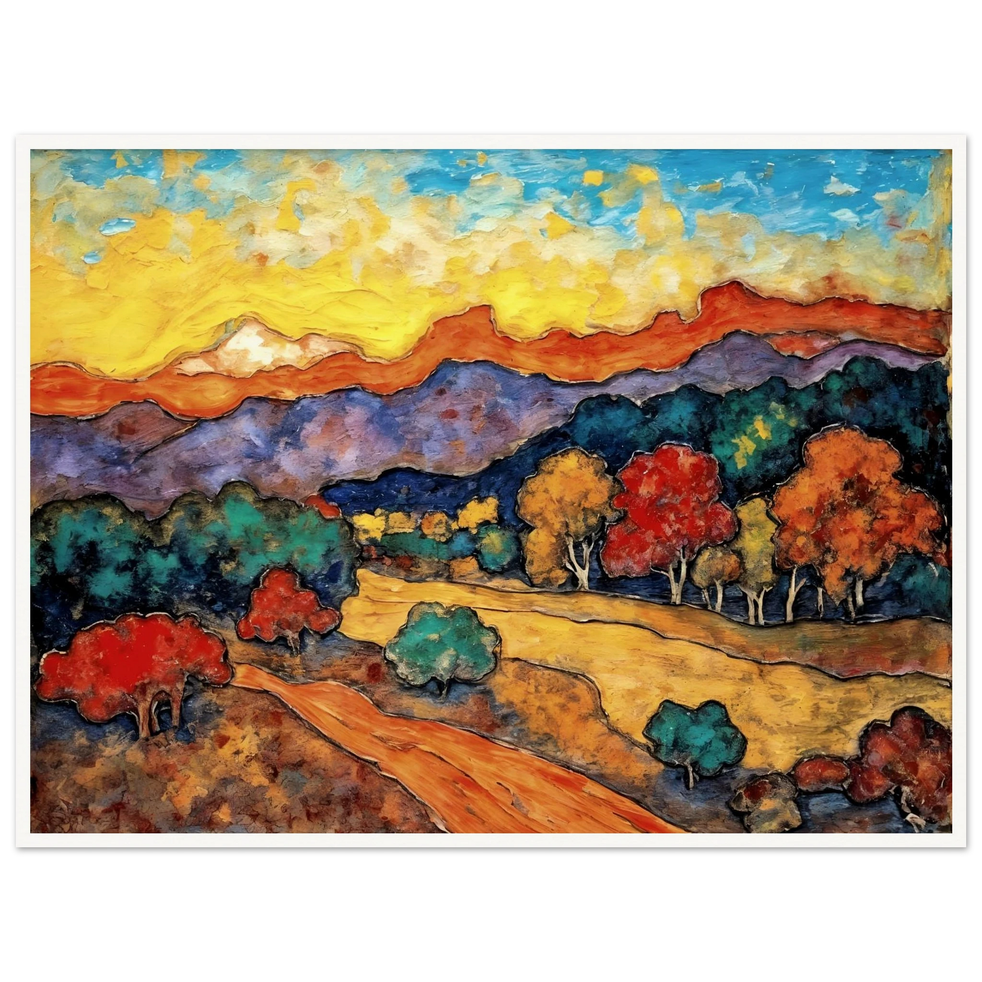 Vivid hills and colorful trees glow beneath a radiant sky, with winding paths crossing a countryside of warm hues.