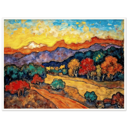 Vivid hills and colorful trees glow beneath a radiant sky, with winding paths crossing a countryside of warm hues.