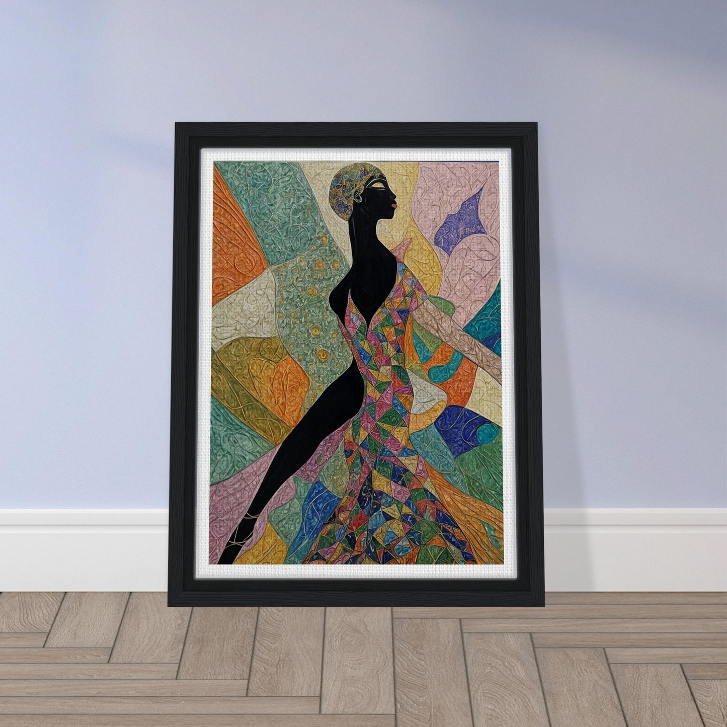 "A dynamic painting featuring a woman in a bold, geometric dress full of colors, poised in elegant motion, set against a vibrant abstract background."