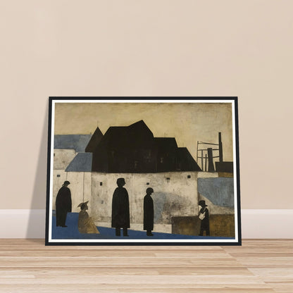 A painting of silhouetted figures in a townscape with dark buildings and industrial structures against a muted sky.