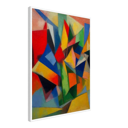 A vibrant abstract painting with sharp, colorful geometric shapes creating a dynamic and energetic composition.