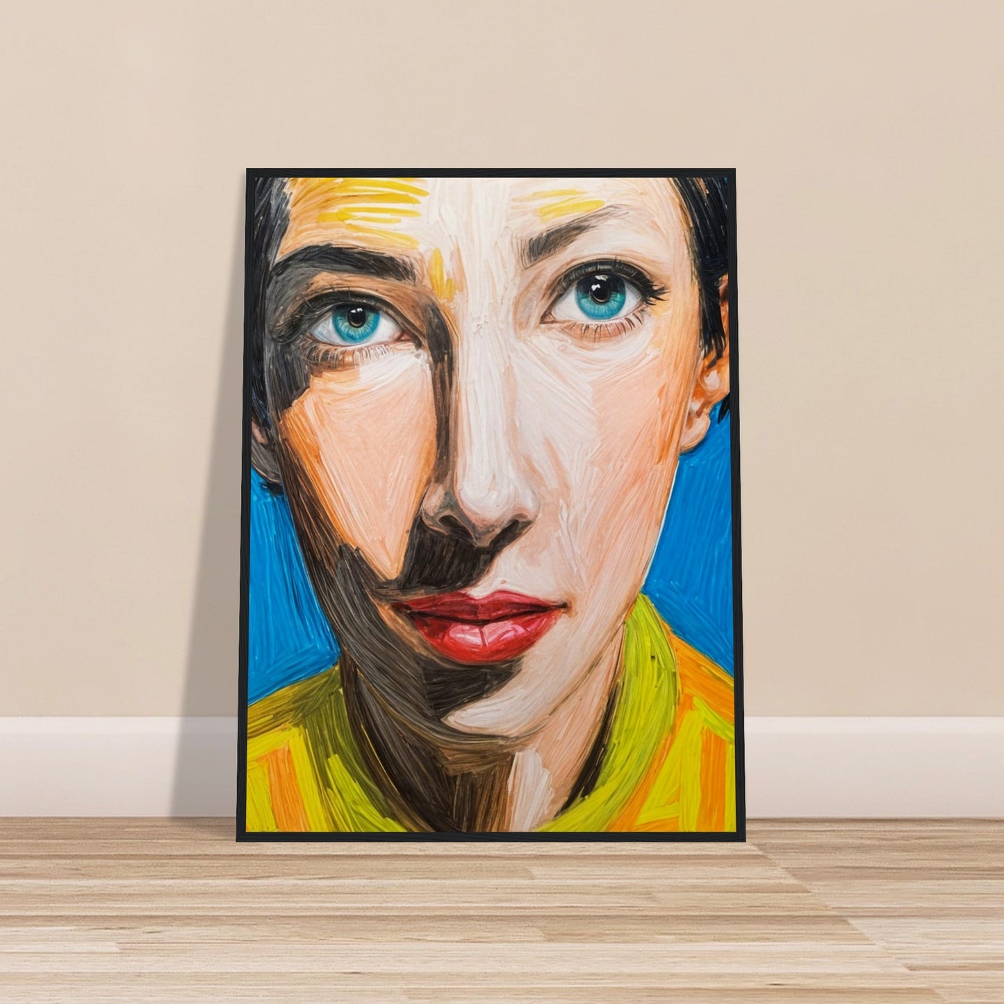 A striking portrait of a woman with blue eyes and red lips, painted in bold strokes with vibrant yellow, orange, and blue hues.