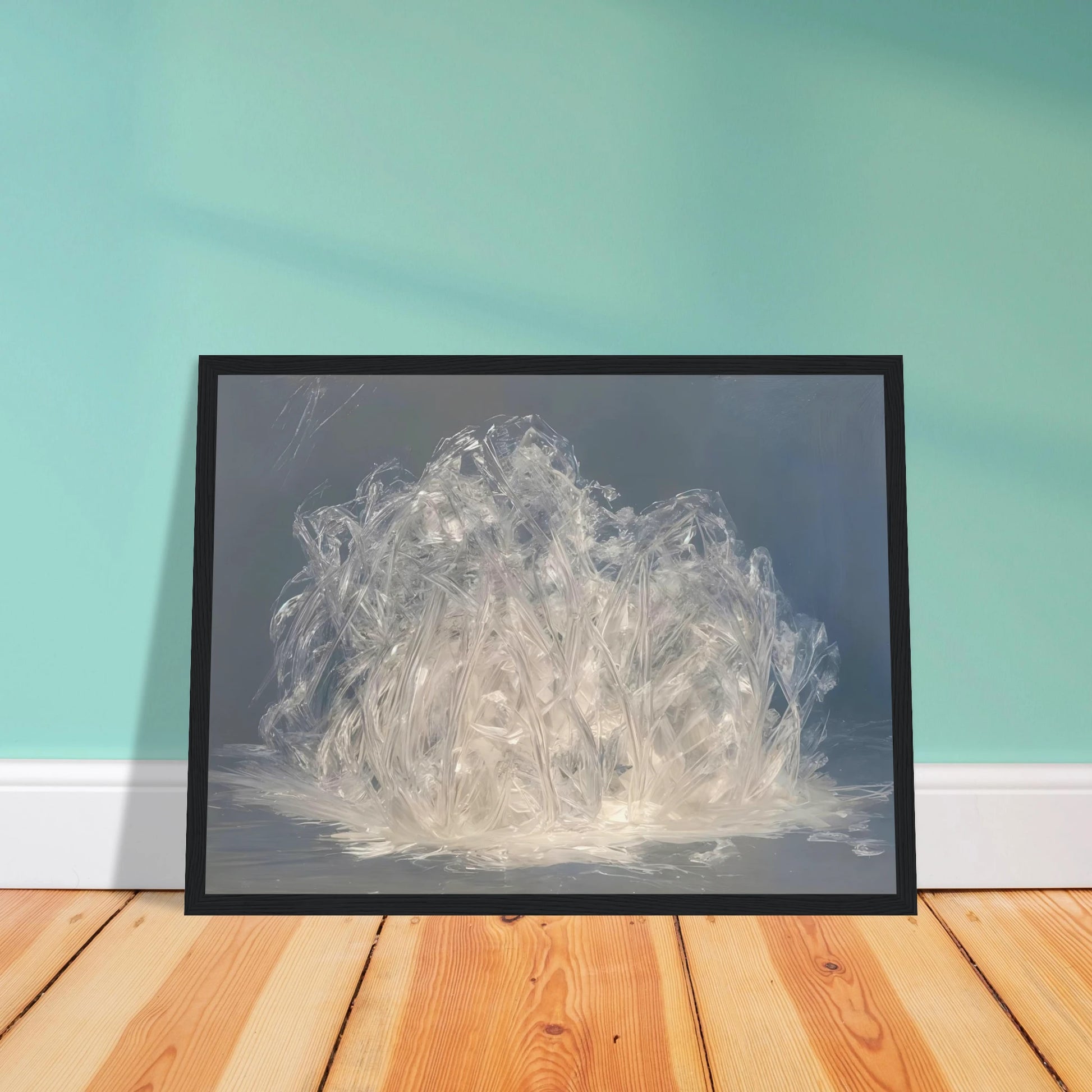 Luminous crystalline strands gather like frozen grass or glass fibers, glowing softly against a cool misty blue-gray expanse.