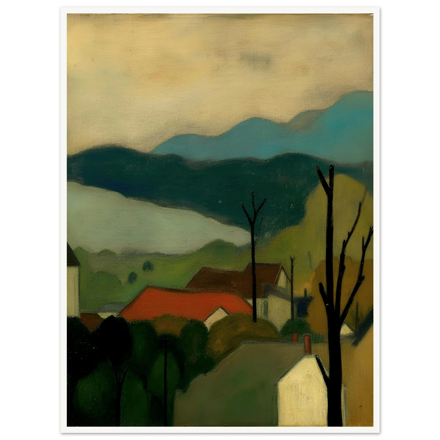A serene landscape painting depicting a small village with red-roofed houses nestled among trees, set against layered blue-green mountains and a pale sky. Bare tree silhouettes frame the peaceful countryside scene.