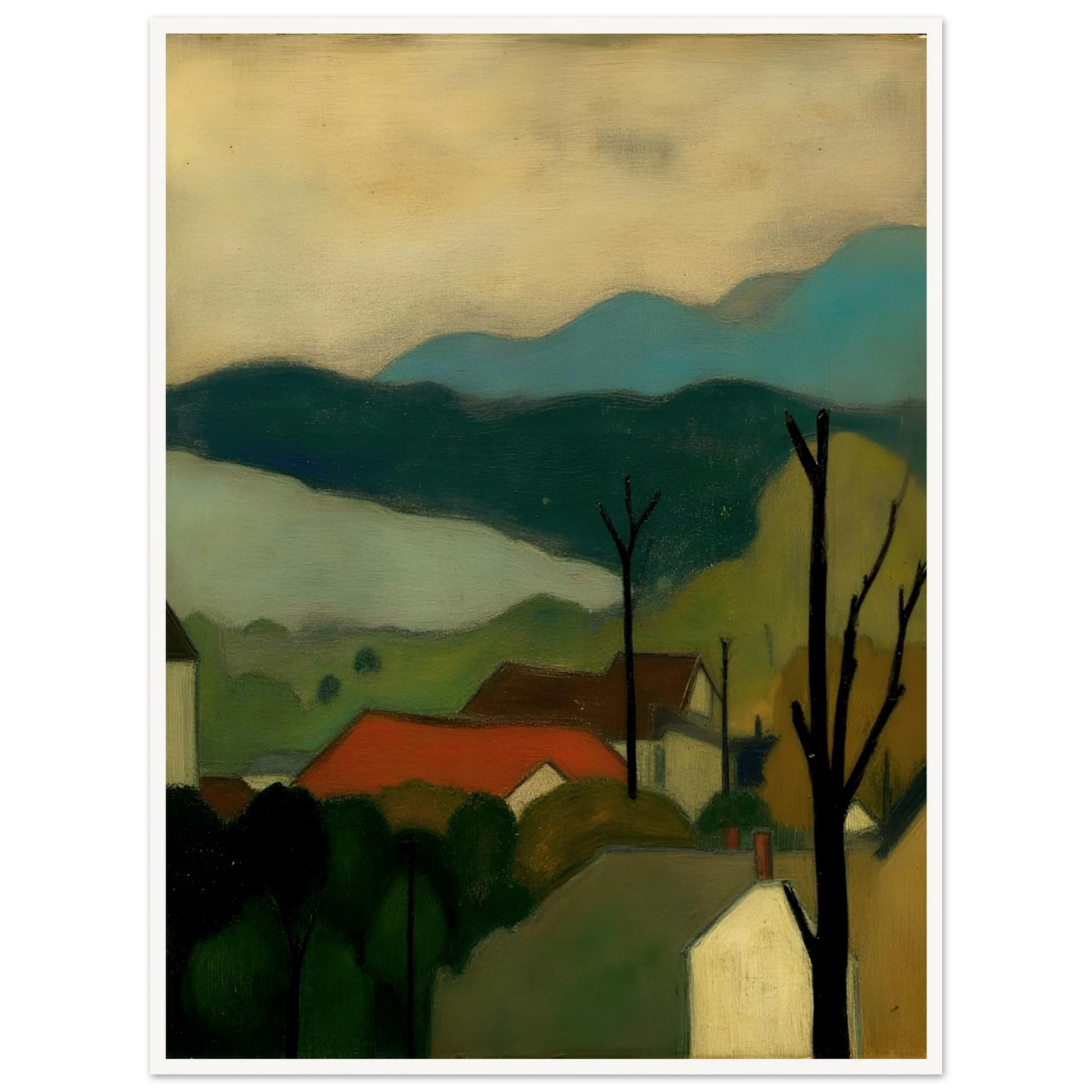 A serene landscape painting depicting a small village with red-roofed houses nestled among trees, set against layered blue-green mountains and a pale sky. Bare tree silhouettes frame the peaceful countryside scene.