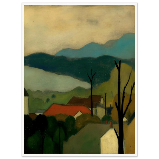 A serene landscape painting depicting a small village with red-roofed houses nestled among trees, set against layered blue-green mountains and a pale sky. Bare tree silhouettes frame the peaceful countryside scene.