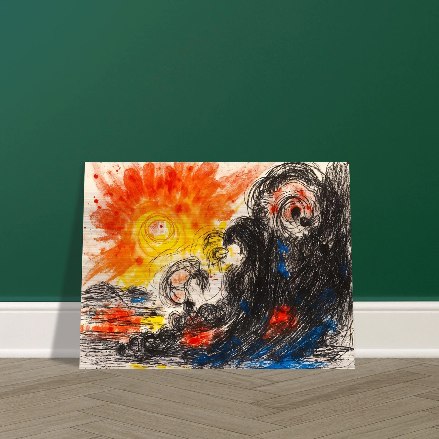 A blazing orange sun erupts above chaotic black waves and swirling forms, where fiery reds and deep blues collide in a turbulent seascape.