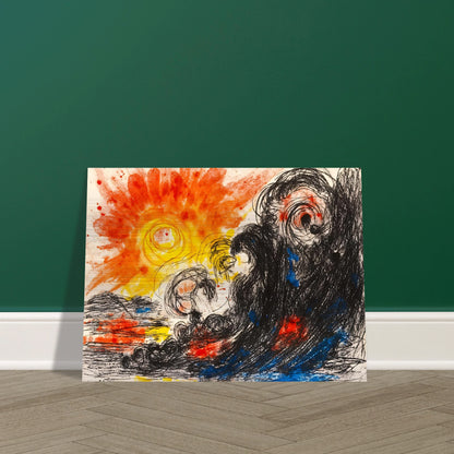 A blazing orange sun erupts above chaotic black waves and swirling forms, where fiery reds and deep blues collide in a turbulent seascape.