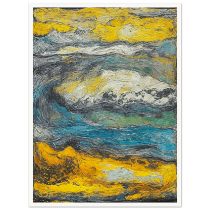 An expressive abstract painting capturing the essence of a stormy landscape with swirling colors and textures, predominantly in shades of yellow, blue, and gray. The dynamic movement and thick application of paint evoke a sense of turbulence and natural power.