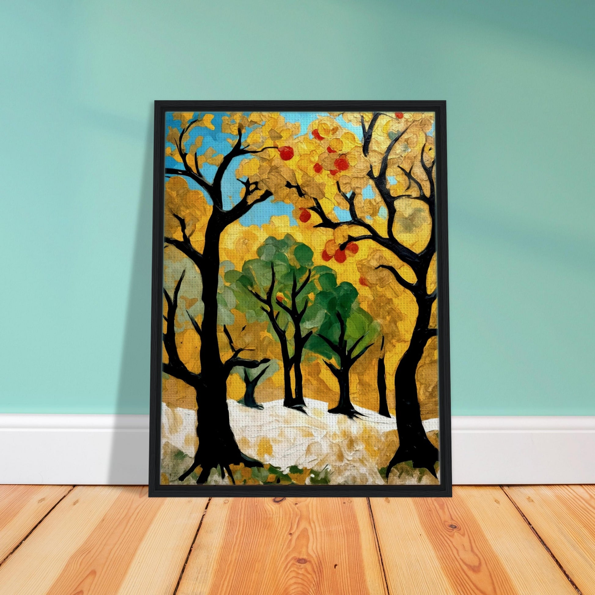 A vibrant painting of golden and green trees with hints of red fruit, capturing the essence of an autumn orchard bathed in sunlight.