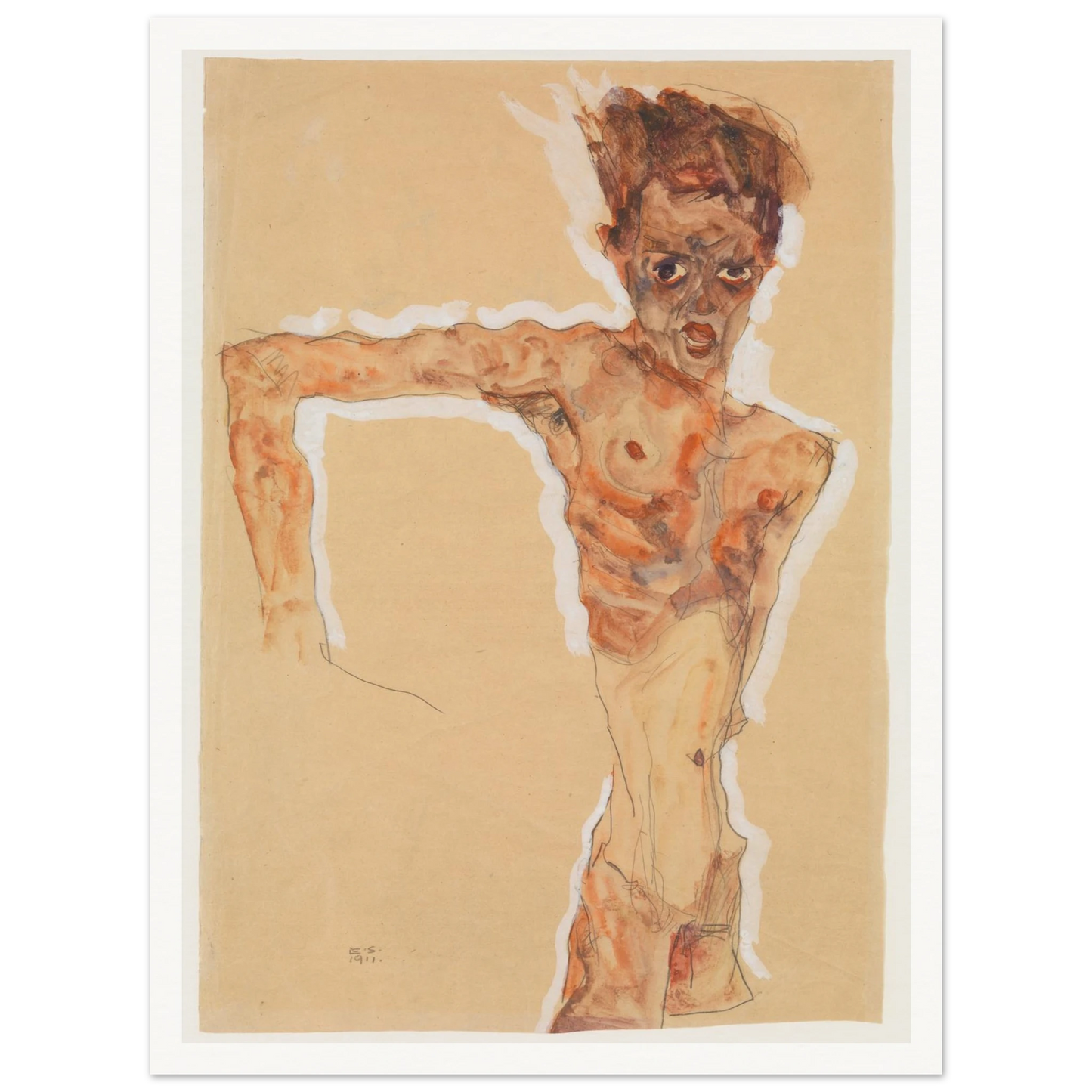 A gaunt male figure twists sharply, rendered in orange-brown washes and dark lines on tan paper.