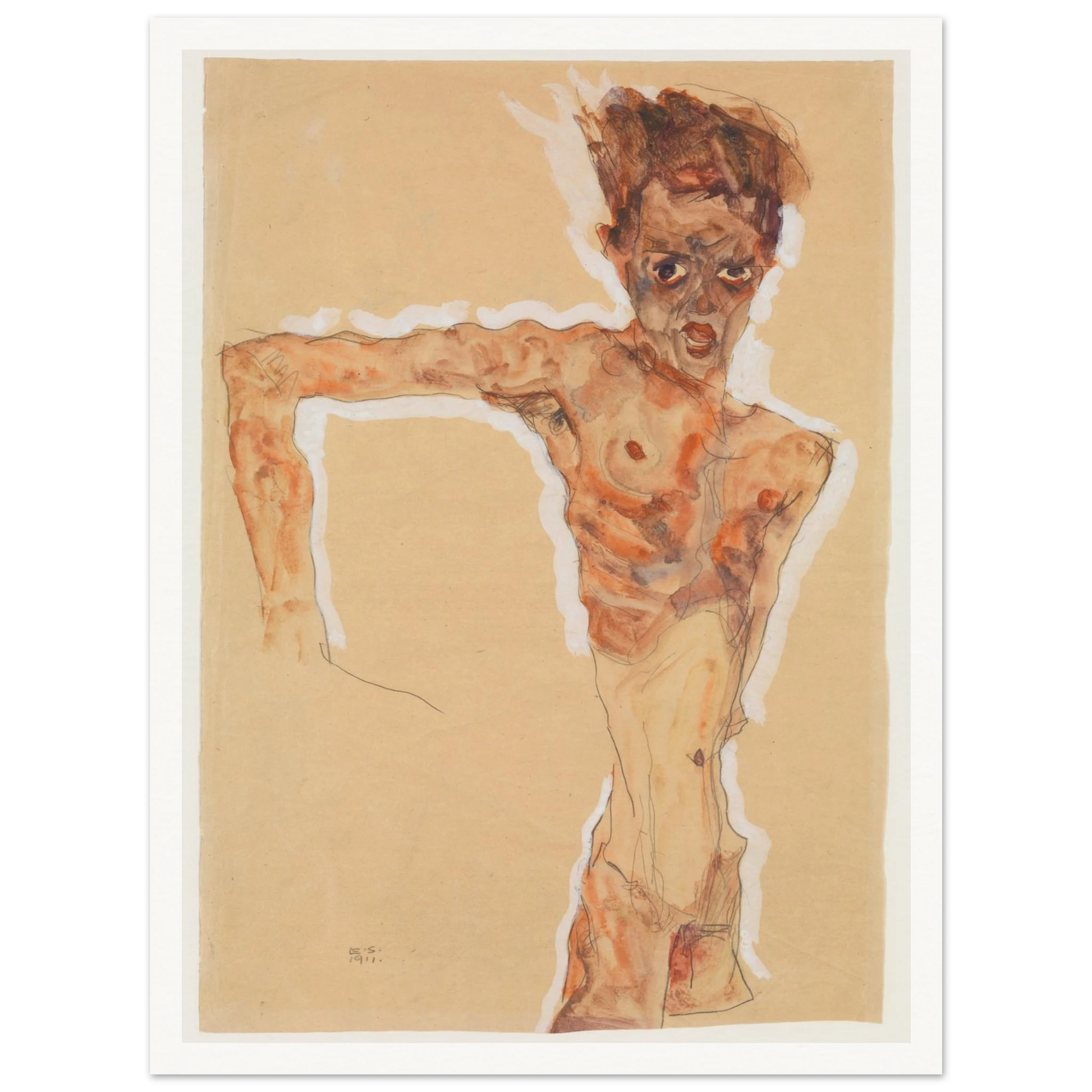 A gaunt male figure twists sharply, rendered in orange-brown washes and dark lines on tan paper.