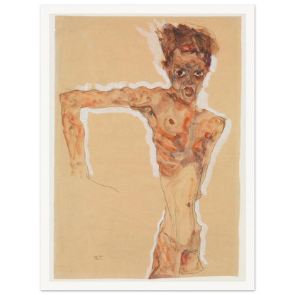 A gaunt male figure twists sharply, rendered in orange-brown washes and dark lines on tan paper.