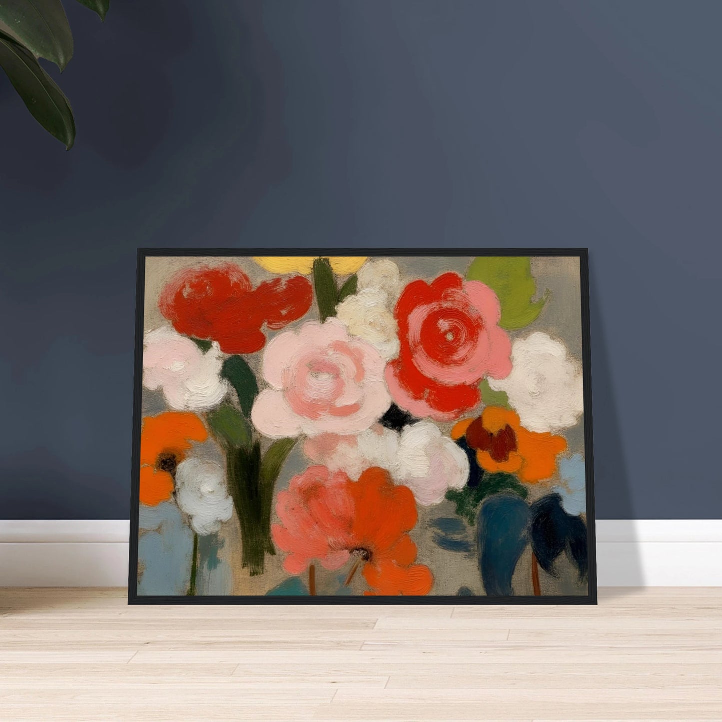 An expressive floral painting featuring large pink, red, white, and orange blossoms with soft green foliage against a muted gray background, rendered in broad painterly brushstrokes.