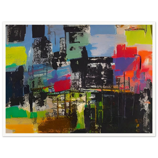 An abstract painting with bold colors and textures representing a bustling cityscape. The composition features vibrant blocks of green, blue, yellow, and red.