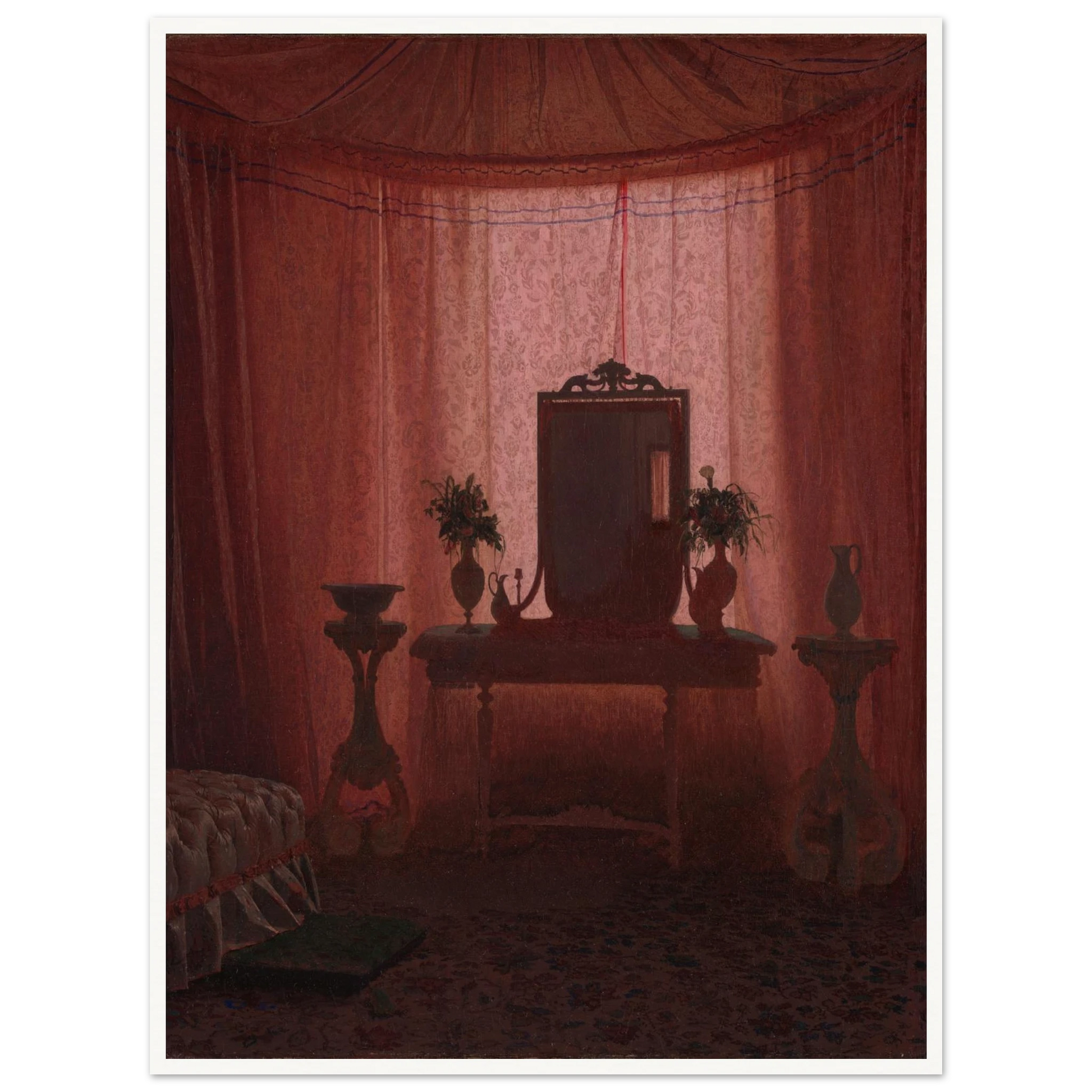 A softly lit bedroom glows through pink drapery, framing a mirror, flower vases, elegant furniture, and part of a bed.