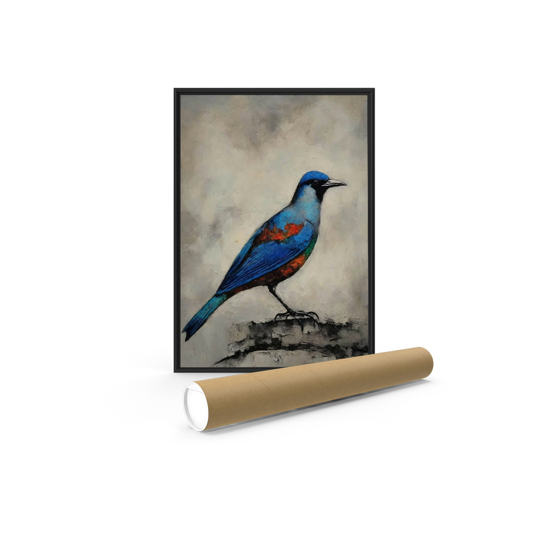 Framed painting of a vibrant blue and orange bird perched on a branch against a muted background, with a rolled art print displayed below.