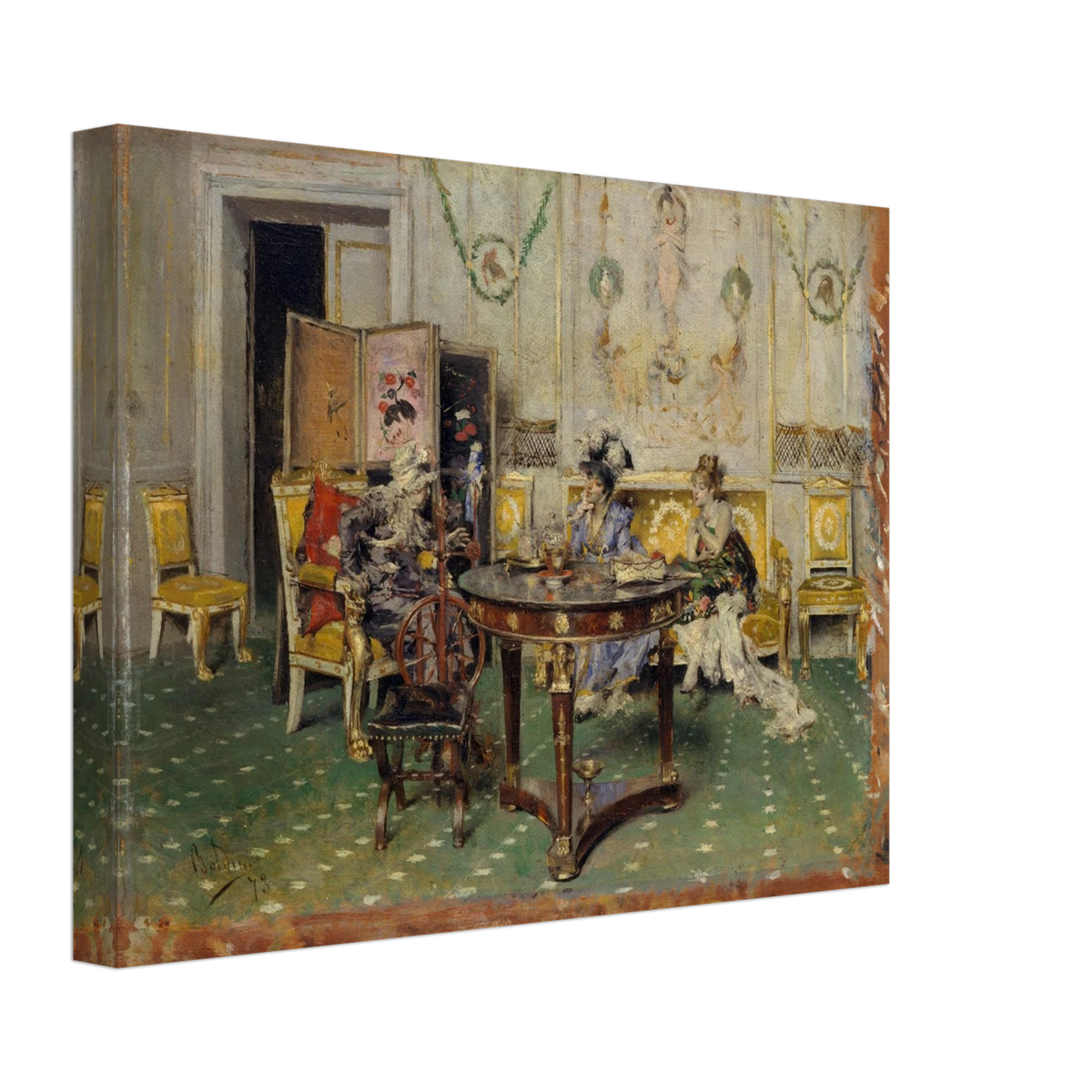Three elegantly dressed figures gather around a round tea table in an ornate salon with gilded chairs and painted walls.