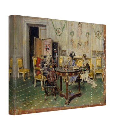Three elegantly dressed figures gather around a round tea table in an ornate salon with gilded chairs and painted walls.