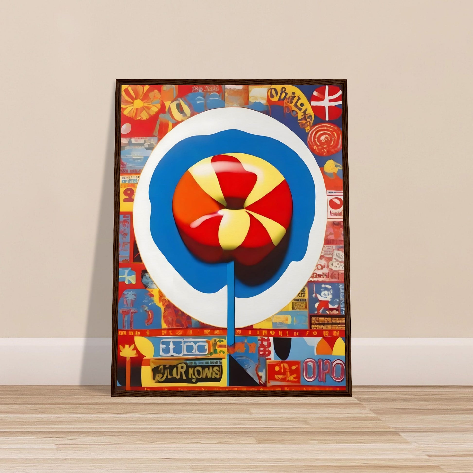 Colorful painting featuring a bold lollipop design at the center surrounded by retro-inspired pop art elements and vibrant patterns.