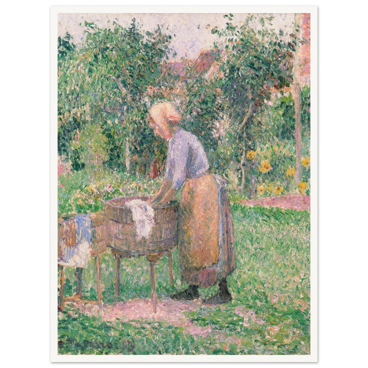 A Pointillist painting of a washerwoman hard at work, scrubbing linens and clothing in one barrel and rinsing them in another. 