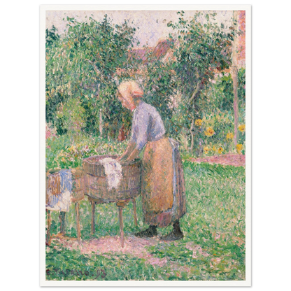 A Pointillist painting of a washerwoman hard at work, scrubbing linens and clothing in one barrel and rinsing them in another. 
